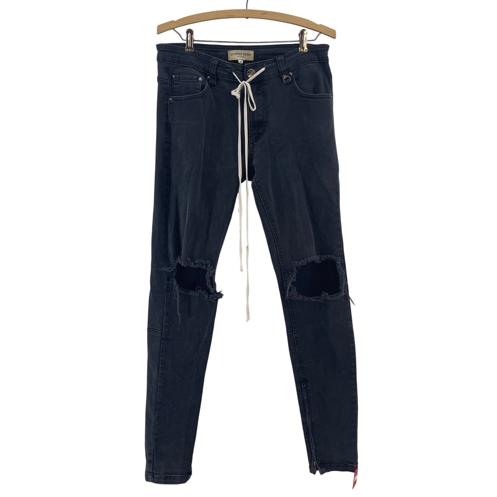 Hyper Denim Skinny Jeans Mens 32 Black Ankle Zip Drawstring Streetwear Trap Rap